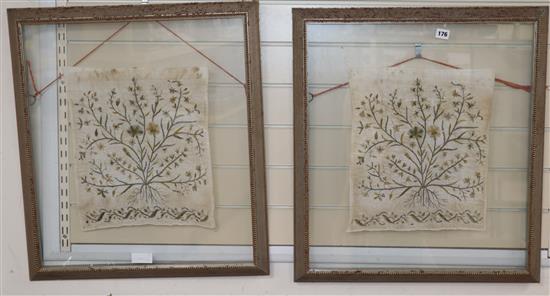 A pair of silver and gold thread floral design framed Turkish embroideries 39 x 35cm excl. frame